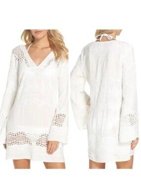 La Blanca White Embroidered Tunic Cover Up Boho Beach Dress Swim Coverup Size S